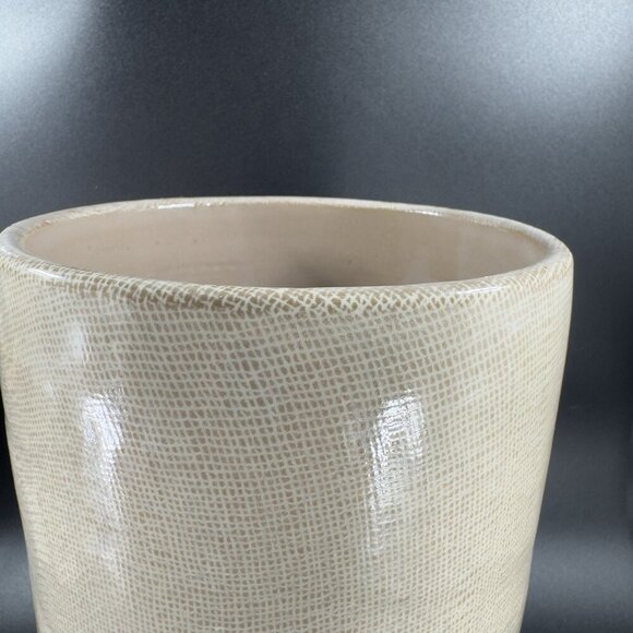 1980s Pottery Linen Straight Sided Vase in Beige on Cream Ceramic Vessel W Tag - Picture 8 of 10